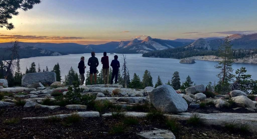 Four people stand looking out over a large body of water framed by trees. Beyond the water, there is a snow covered mountain. 